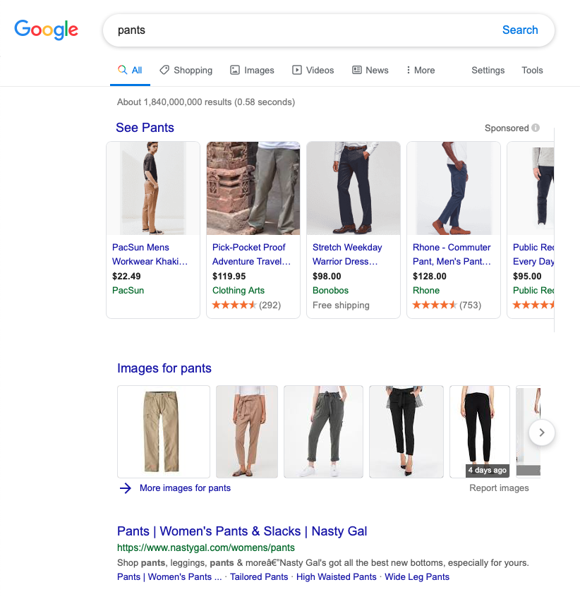 Et søk etter «pants» i den amerikanske versjonen av Google.