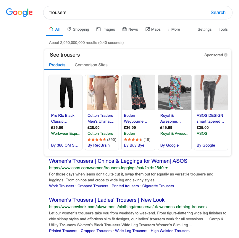 Et søk etter «trousers» i den britiske versjonen av Google.