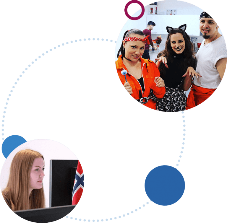 Two circular images with emloyees at Sandberg being social.