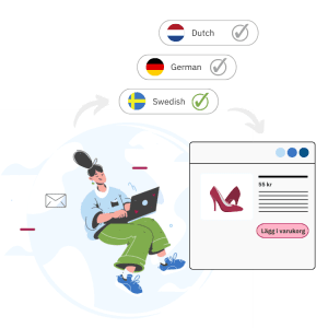 A person using a computer to order shoes. Three languages are available for the website, and Swedish is selected.