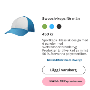 Shopping page for a Men's Swoosh Cap. Contains description, image of cap and a price.