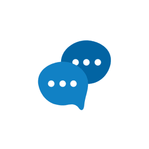 Icon of two blue talking bubbles. Symbolizing a conversation.