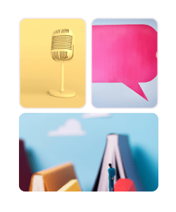 Three image boxes. One with a microphone, one with a speech bubble and one with books placed on their side to resemble mountains.