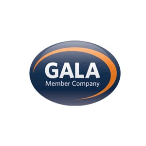 Logo for the company GALA. White letters on a circular dark blue background, with an orange line wrapping around the letters.
