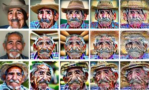 A grid with 15 separate AI-generated portraits of an older man with gray hair and a moustache. Each portrait is more distorted than the last.