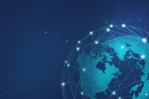 Blue illustration of a globe with network around.