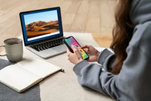 A person using a laptop surrounded by a laptop and mobile phone, representing the impact of upcoming 2025 web accessibility regulations.