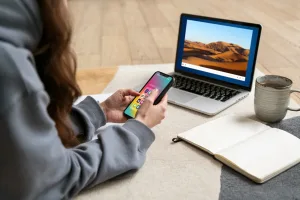 A person using a laptop surrounded by a laptop and mobile phone, representing the impact of upcoming 2025 web accessibility regulations.